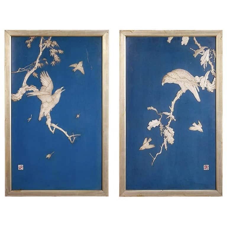 A Pair of Japanese Blue Lacquered Panels with Carved Birds in Trees Meiji Period