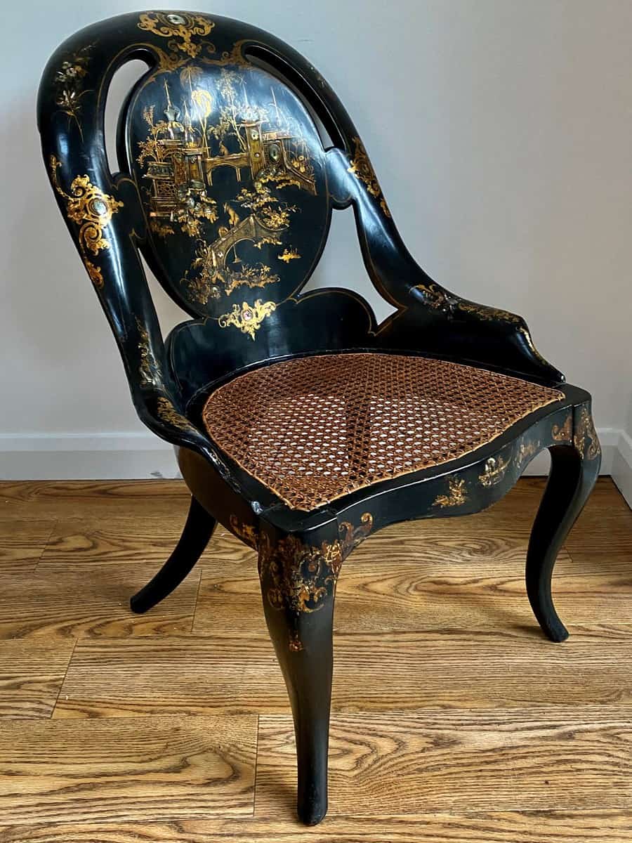 A Victorian Japanned and Inlaid Papier Mache Slipper Chair - Image 3