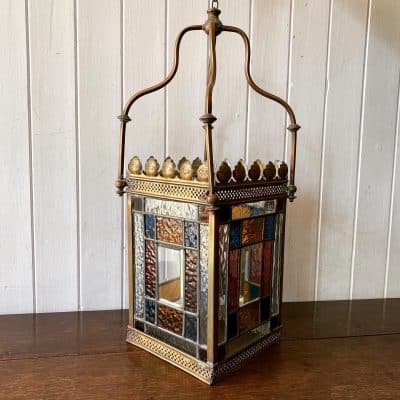A Victorian Brass and Stained Glass Hall Lantern