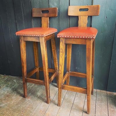 Pair Of Arts and Crafts Oak, Elm and Leather Stools With Stud Detail