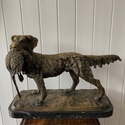 A Bronze Gun Dog With Pheasant on a Marble Base