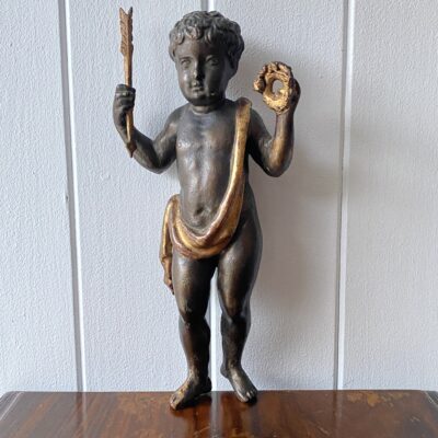Small C19th Carved Painted and Gilded Putti