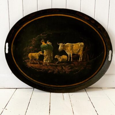 A Large C19th Hand Painted Oval Toleware Tray