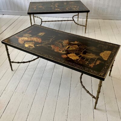 A Pair of Lacquered & Faux Bamboo Coffee Tables
