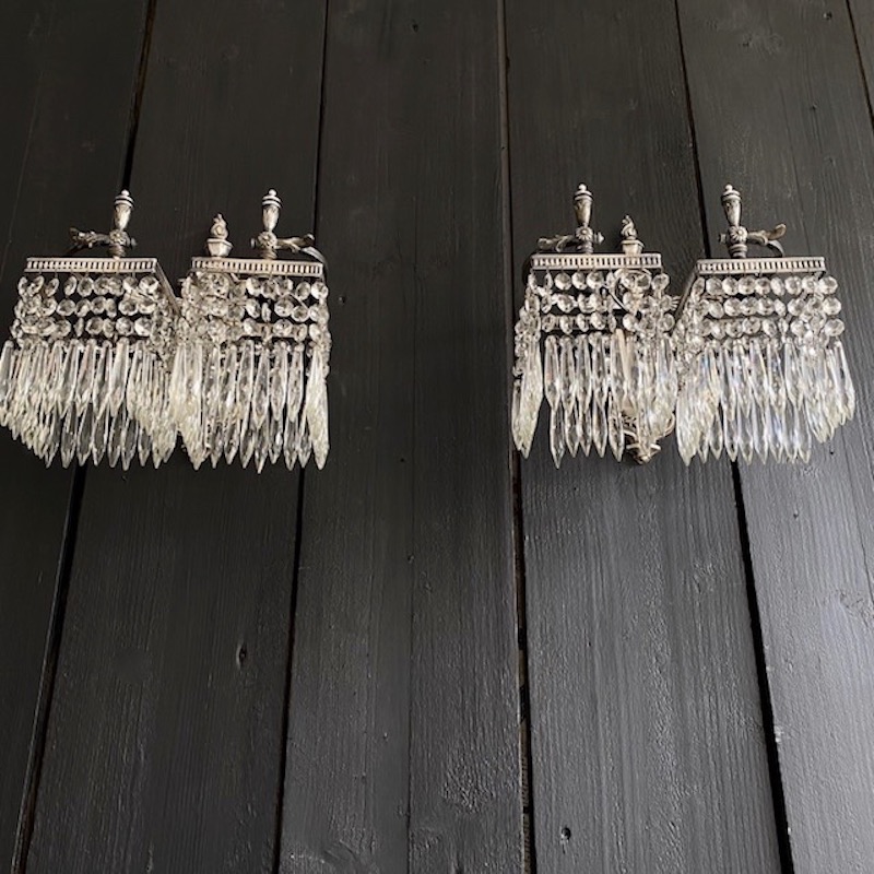 Pair of Silver Nickel and Crystal Wall Lights Circa 1910 - Image 6