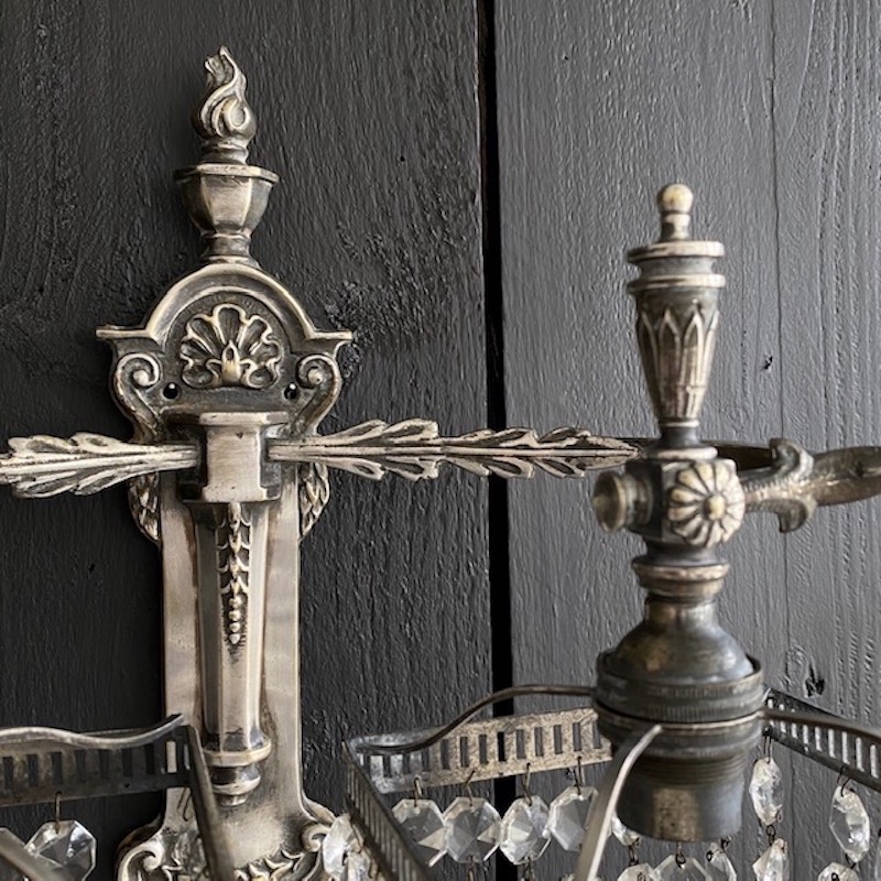 Pair of Silver Nickel and Crystal Wall Lights Circa 1910 - Image 2