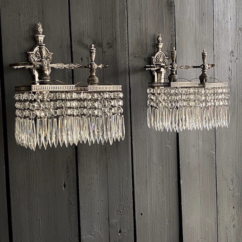 Pair of Silver Nickel and Crystal Wall Lights Circa 1910 - Image 4
