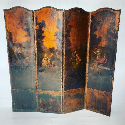 Antique Leather Painted Four Fold Screen