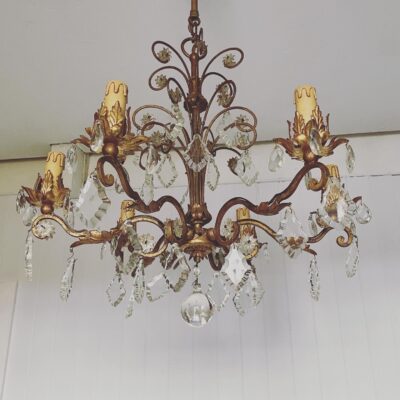 French Gilt Toleware and Crystal Chandelier