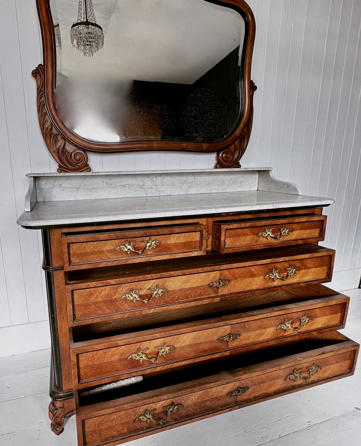 Grand Scale French Walnut & Marble Dressing Chest or Vanity - Image 5