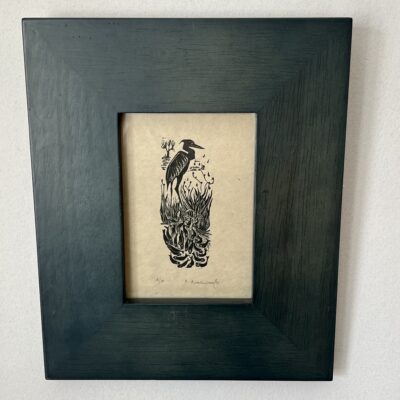 Heron by Fish Pond Woodcut by Anna Ravenscroft
