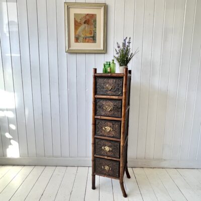 Bamboo and Embossed Leather Bank of Drawers Circa 1900