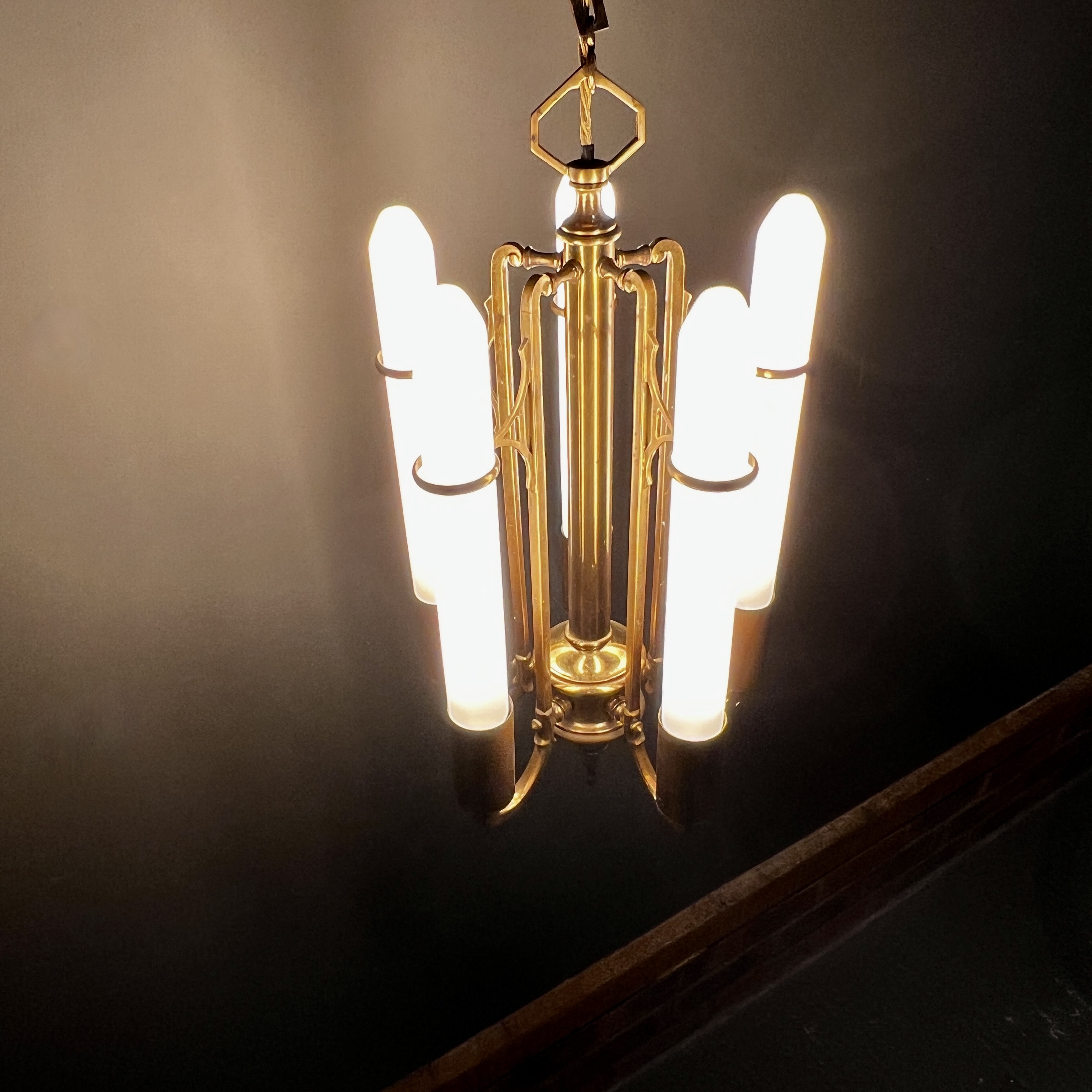 Art Deco Brass Five Arm Chandelier - Image 4