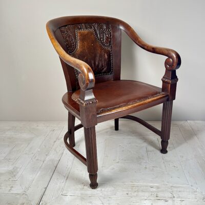 Carved Oak & Leather Arm Or Desk Chair