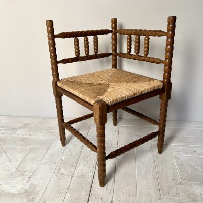 Vintage Oak Bobbin And Rush Corner Chair