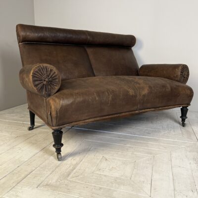 Antique C19th Rake Back Two Seater Leather Sofa