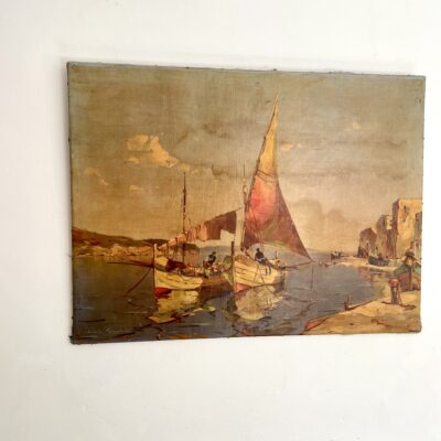 Continental Harbour Scene Oil On Canvas
