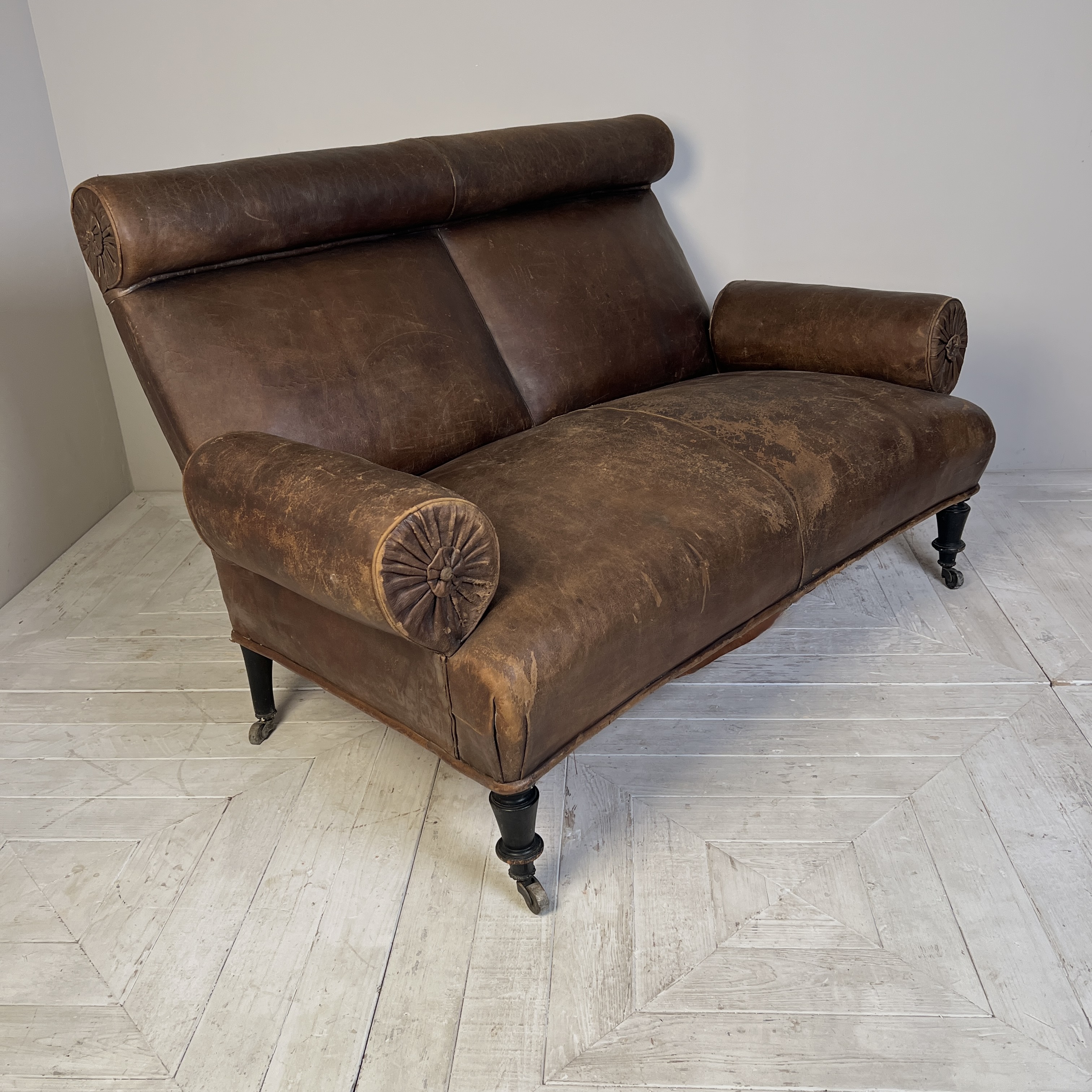 Antique C19th Rake Back Two Seater Leather Sofa - Image 6