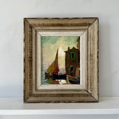 French Midcentury Harbour Scene Oil On Board