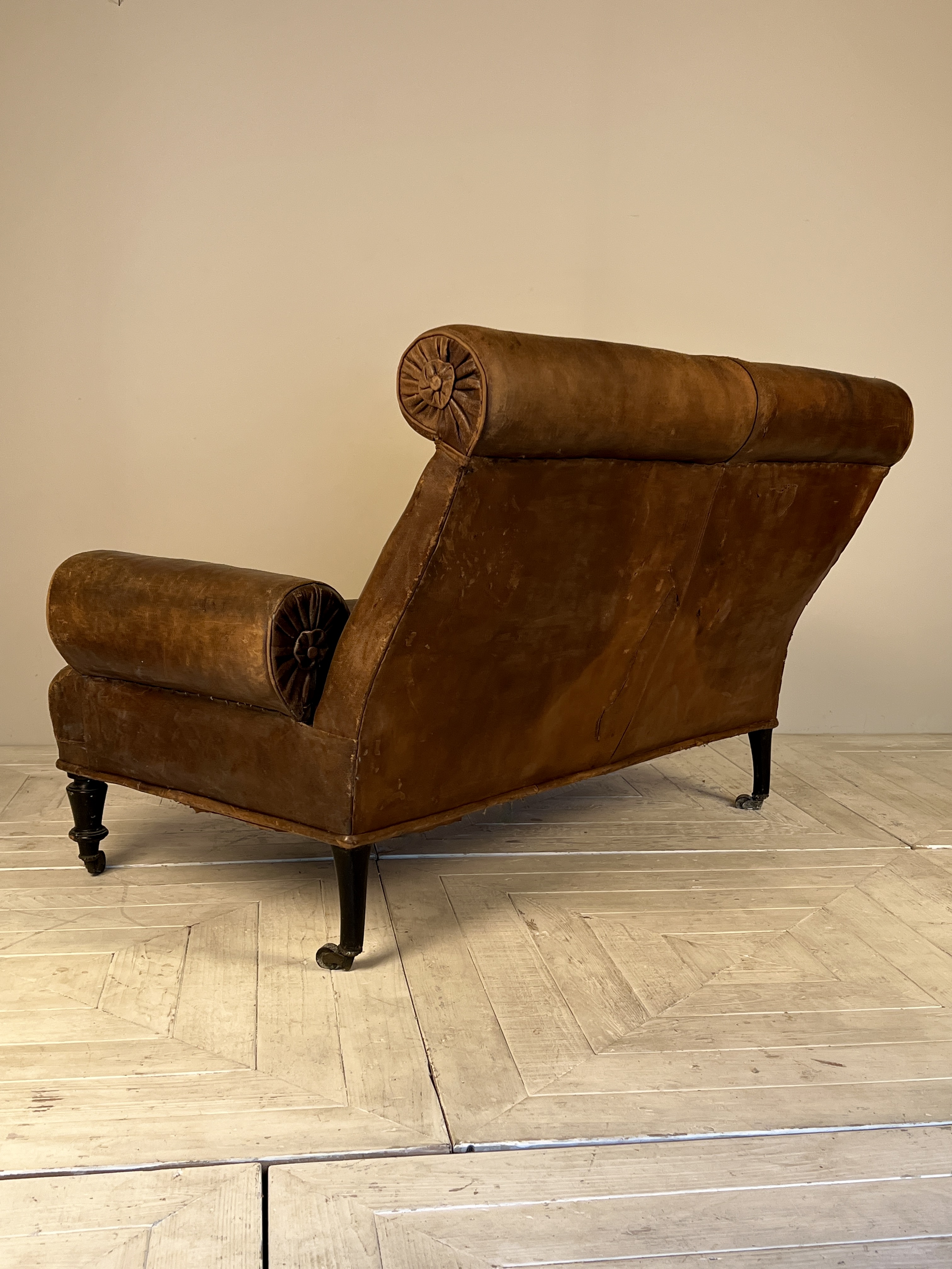 Antique C19th Rake Back Two Seater Leather Sofa - Image 9