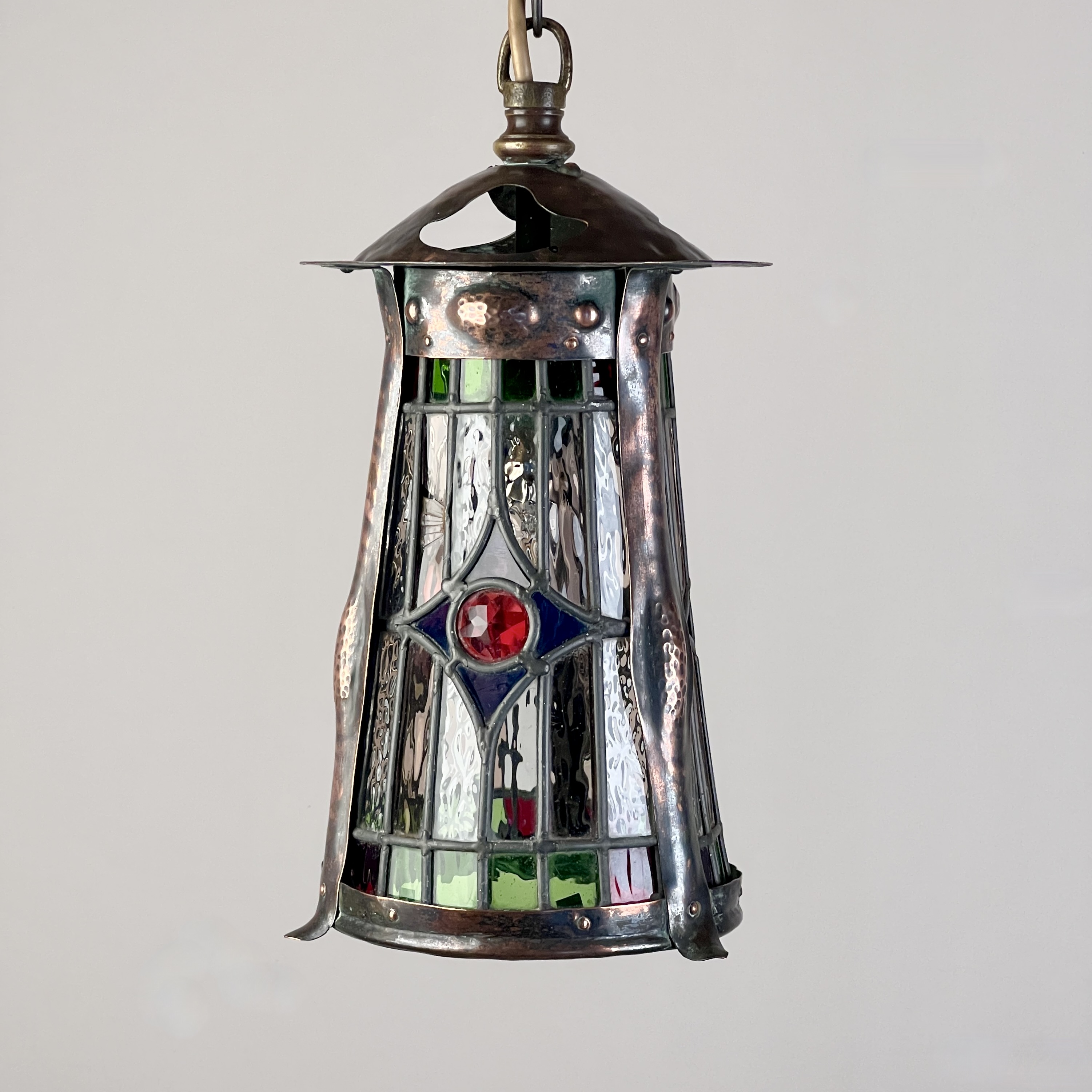 An Arts And Crafts Patinated Copper And Leaded Glass Hall Lantern - Image 3