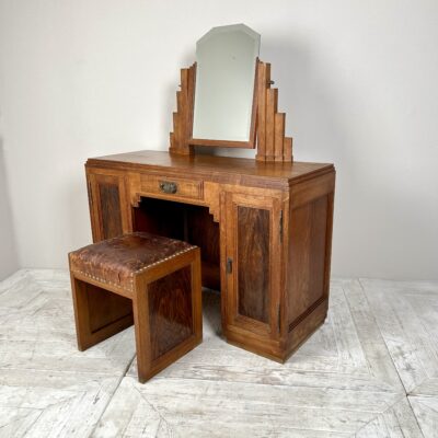 French Art Deco Dressing Table and Leather Topped Stool