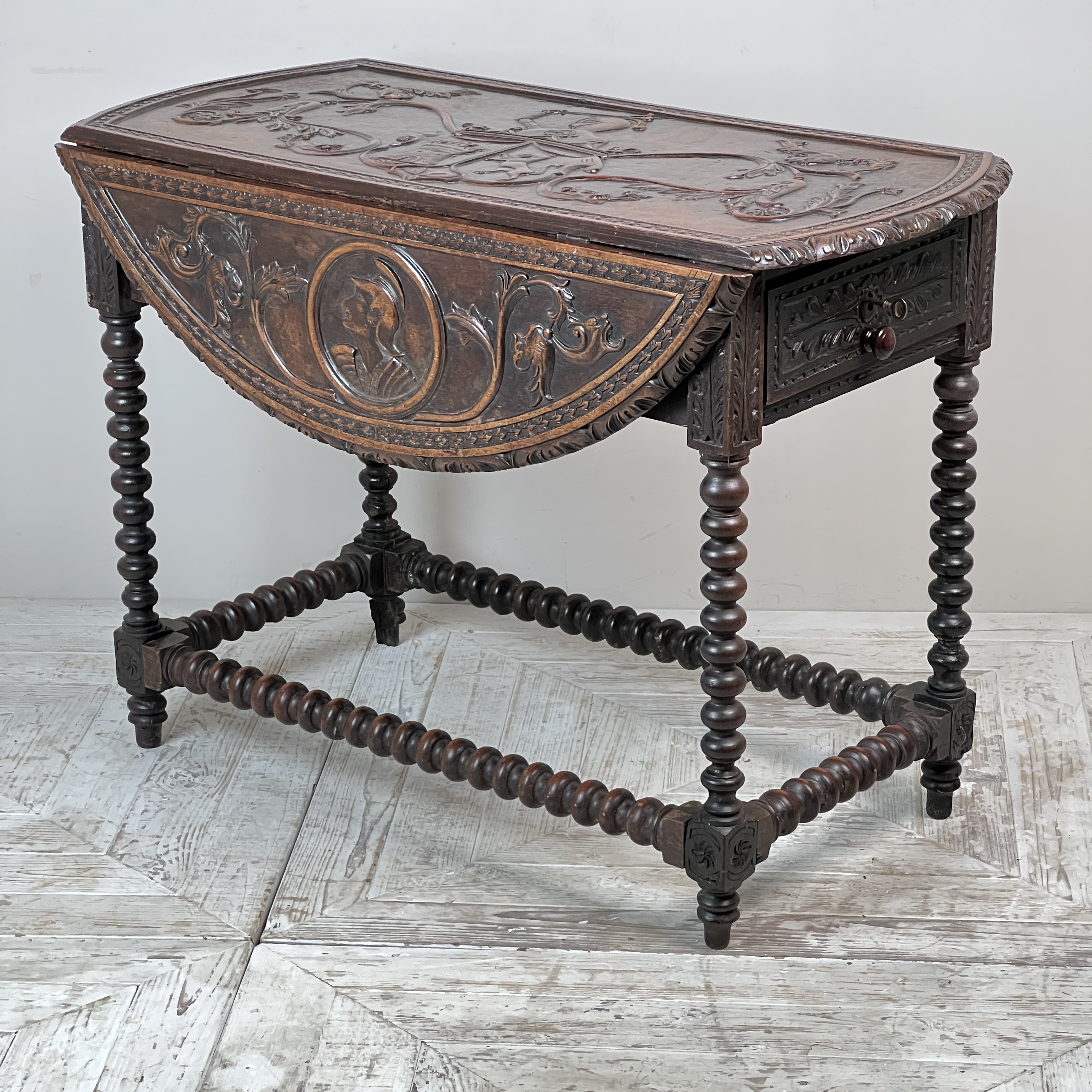 A Gibraltarian Carved Drop Leaf Bobbin Table - Image 7