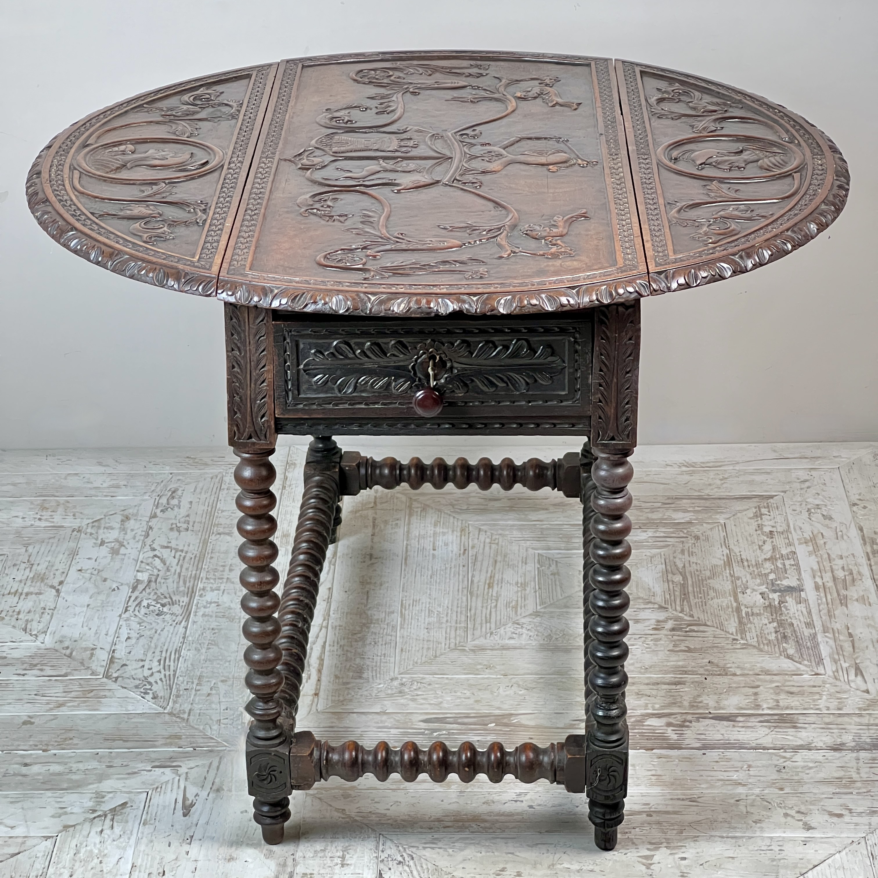 A Gibraltarian Carved Drop Leaf Bobbin Table - Image 5