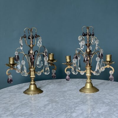 Pair Of Antique Brass And Cut Glass Candelabra