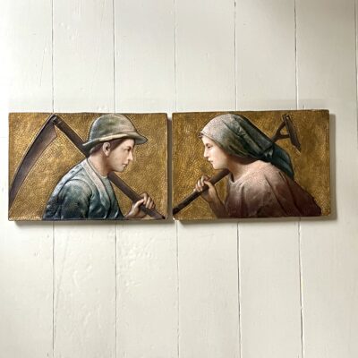 A Pair Of Arts And Crafts Polychrome Painted Plaques Circa 1900
