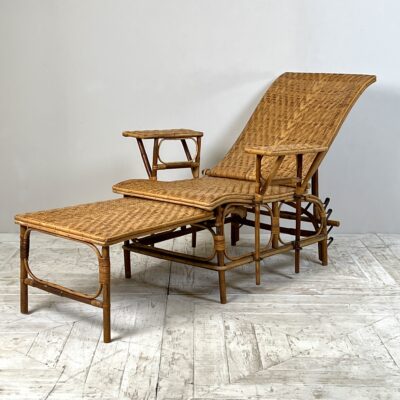 A French Midcentury Caned Bamboo Reclining Steamer Chair