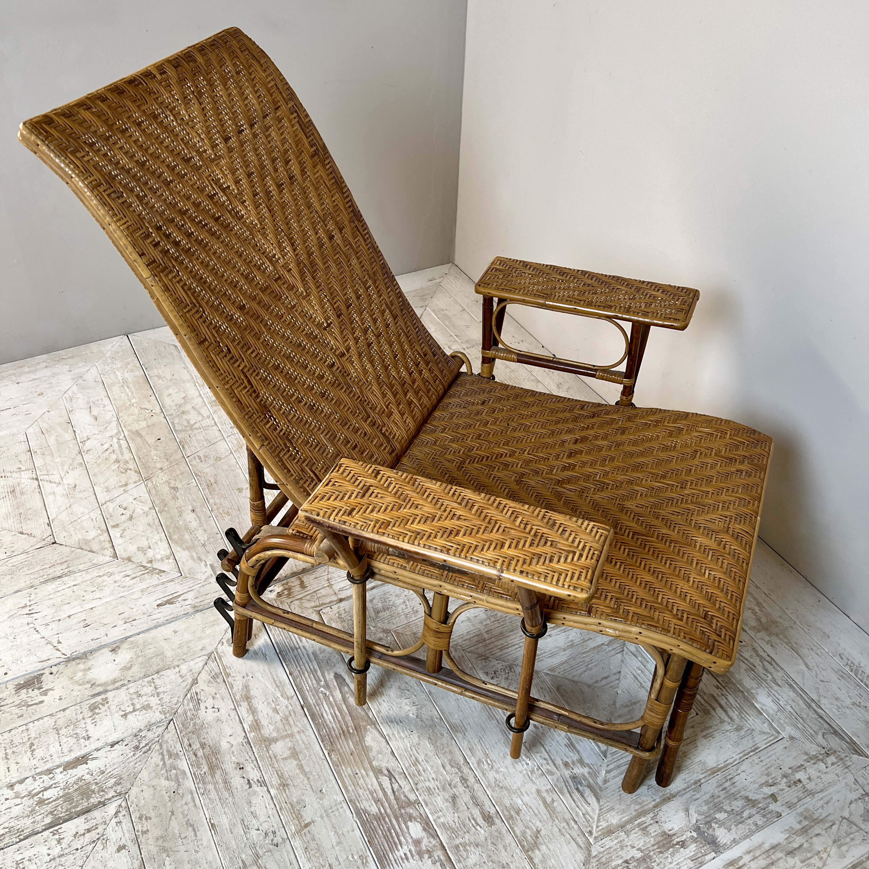 A French Midcentury Caned Bamboo Reclining Steamer Chair - Image 3