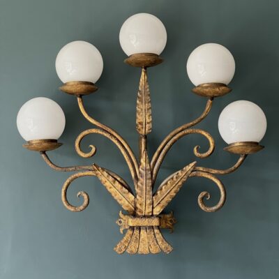 A Large Patinated Gilt Metal Five Branch Wall Light Sconce