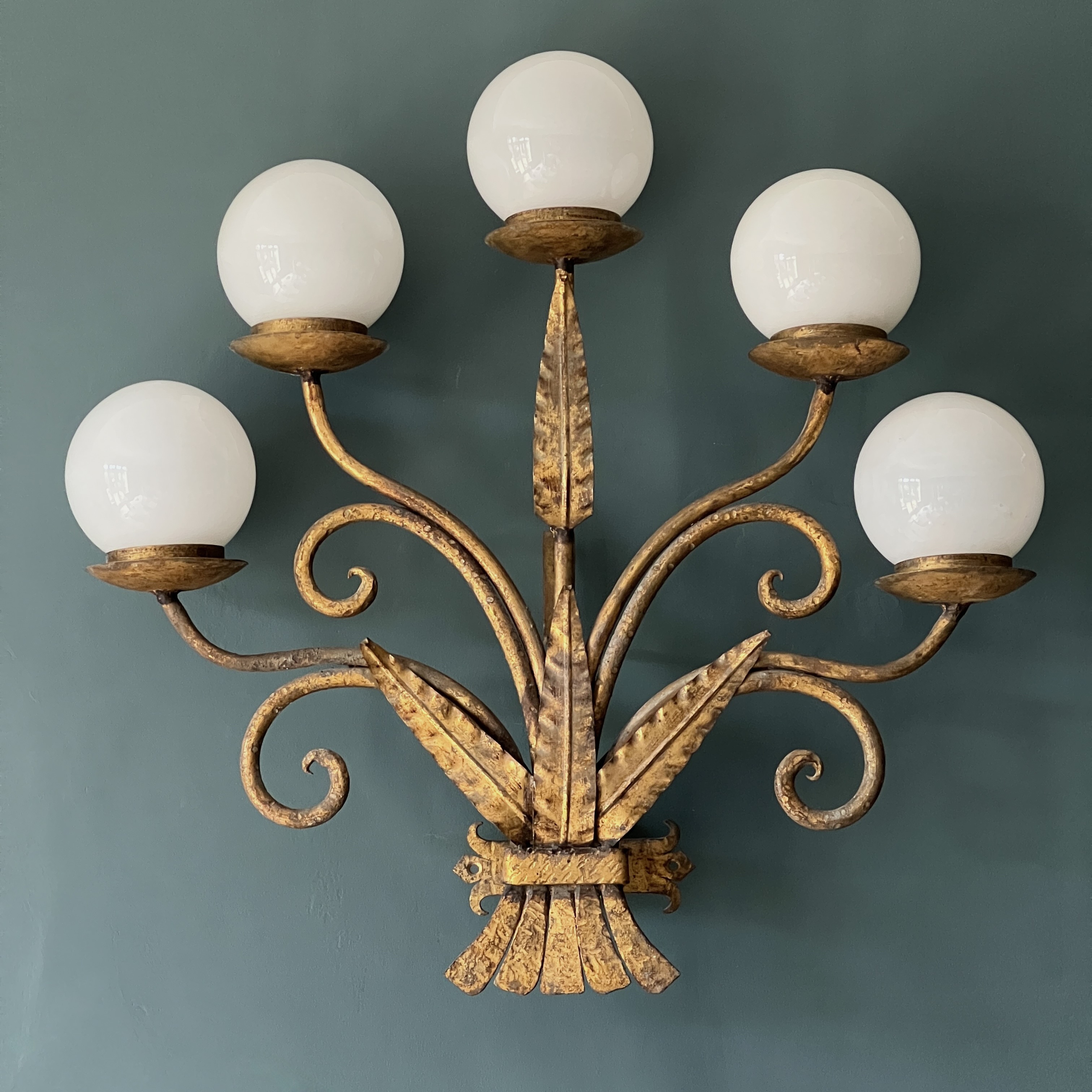 A Large Patinated Gilt Metal Five Branch Wall Light Sconce