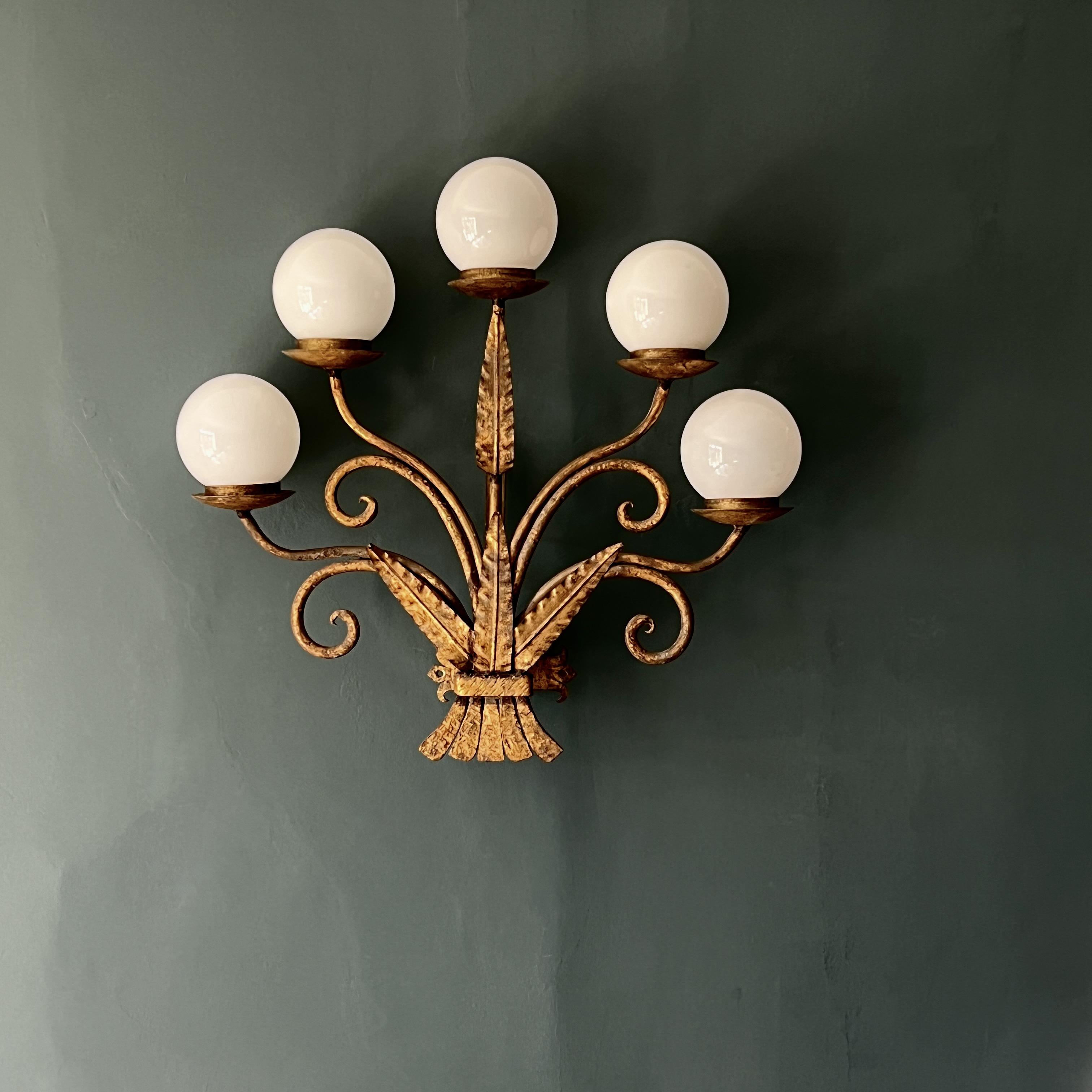 A Large Patinated Gilt Metal Five Branch Wall Light Sconce - Image 6