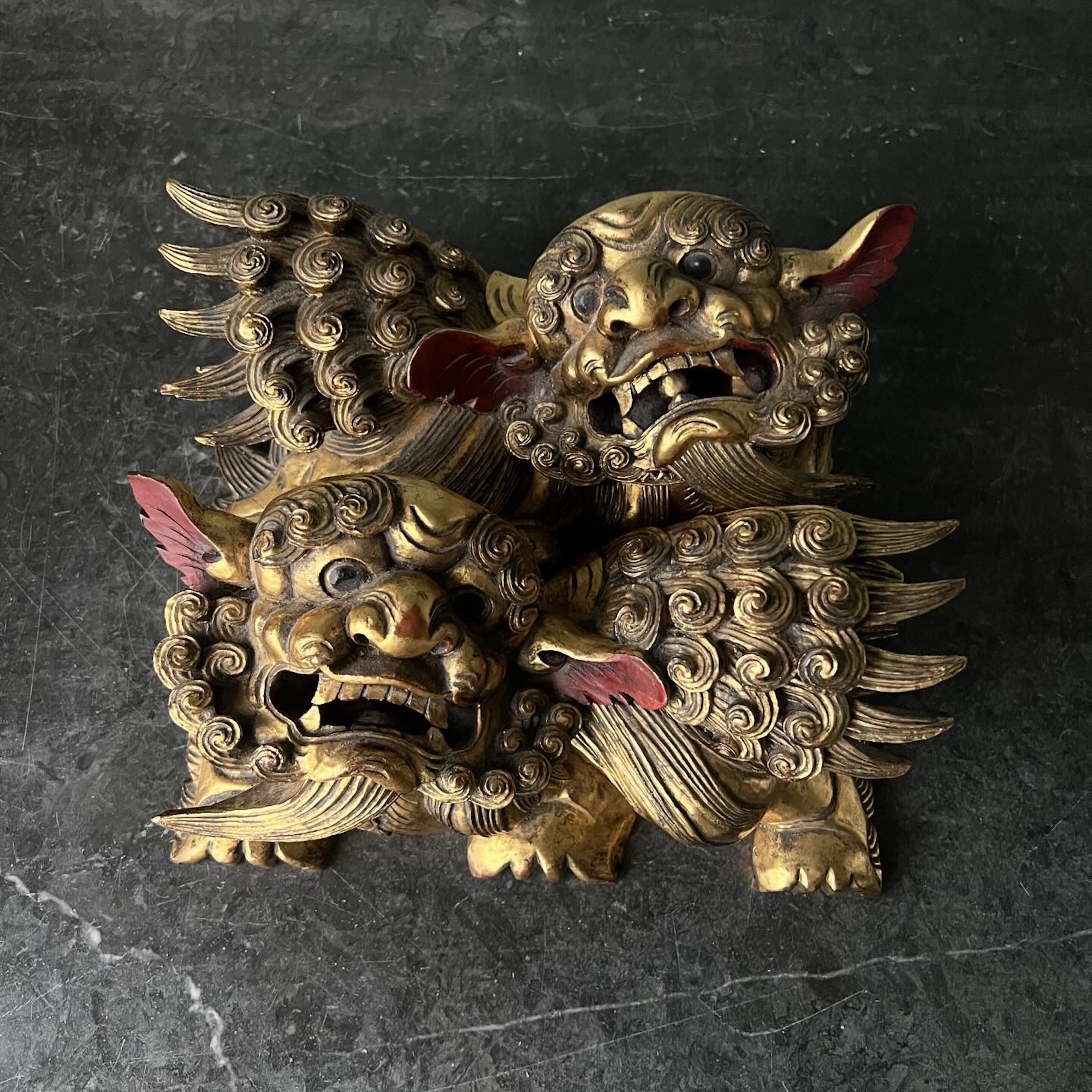 A Pair Of Chinese Carved Giltwood Foo Dog Lion Mounts - Image 2