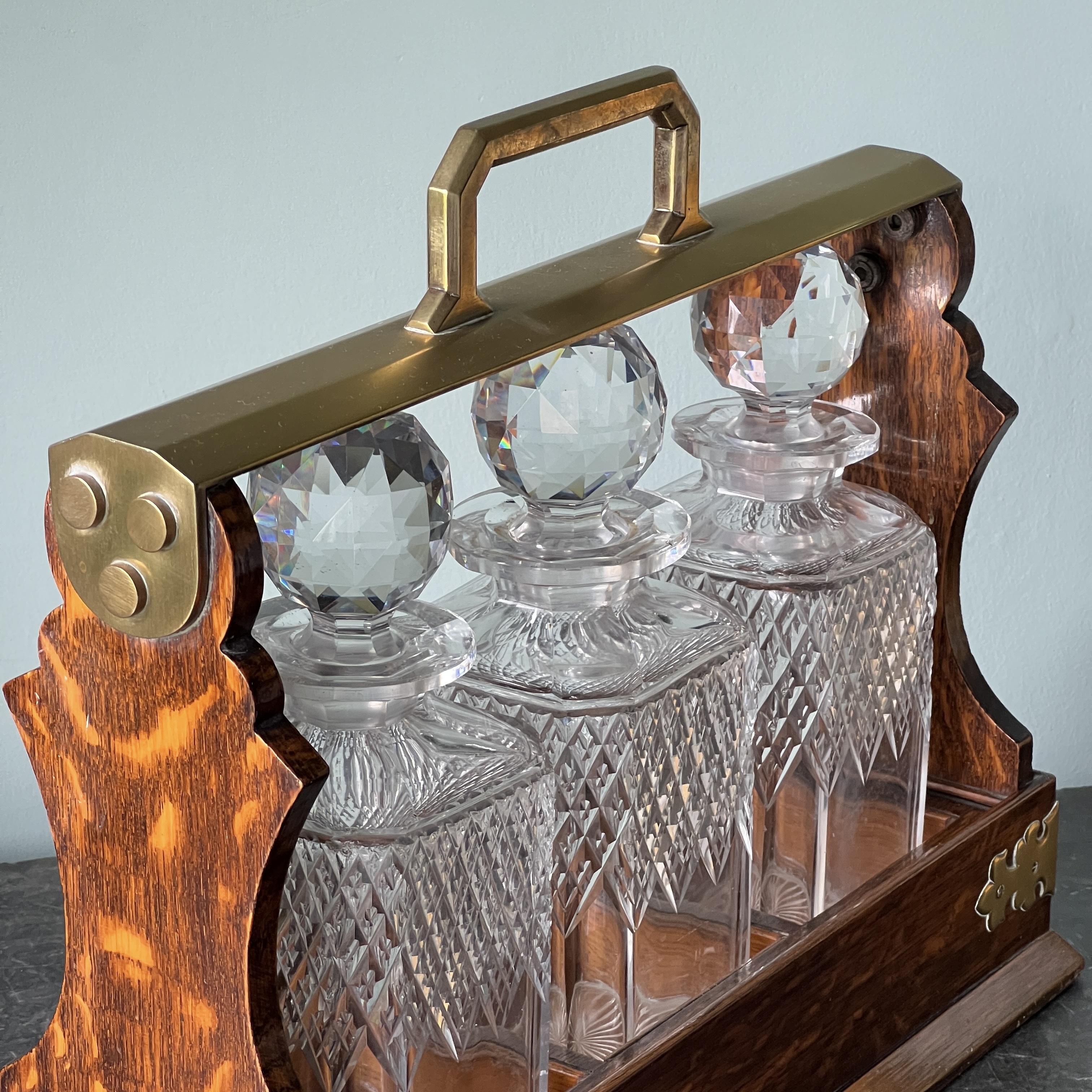 A Mappin And Webb Victorian Oak And Brass Tantalus 1880 - Image 5