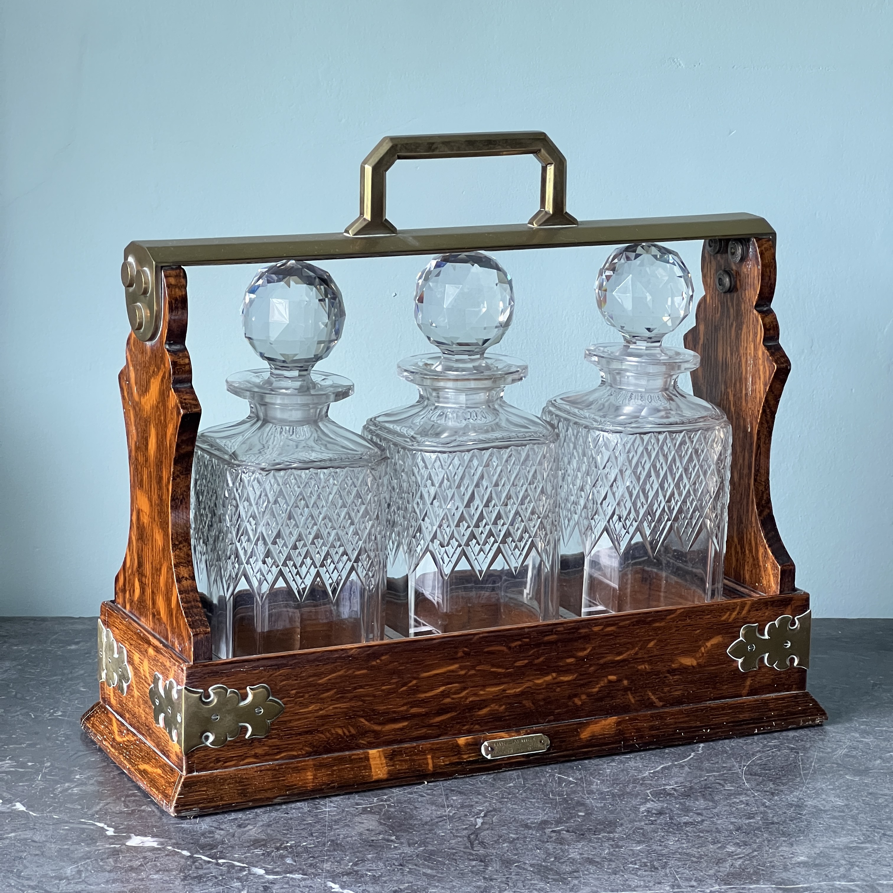 A Mappin And Webb Victorian Oak And Brass Tantalus 1880 - Image 3