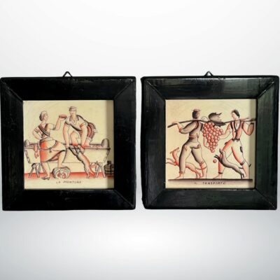 Pair of Framed Ceramic Tiles By Gio Ponti for Richard Ginori Circa 1930