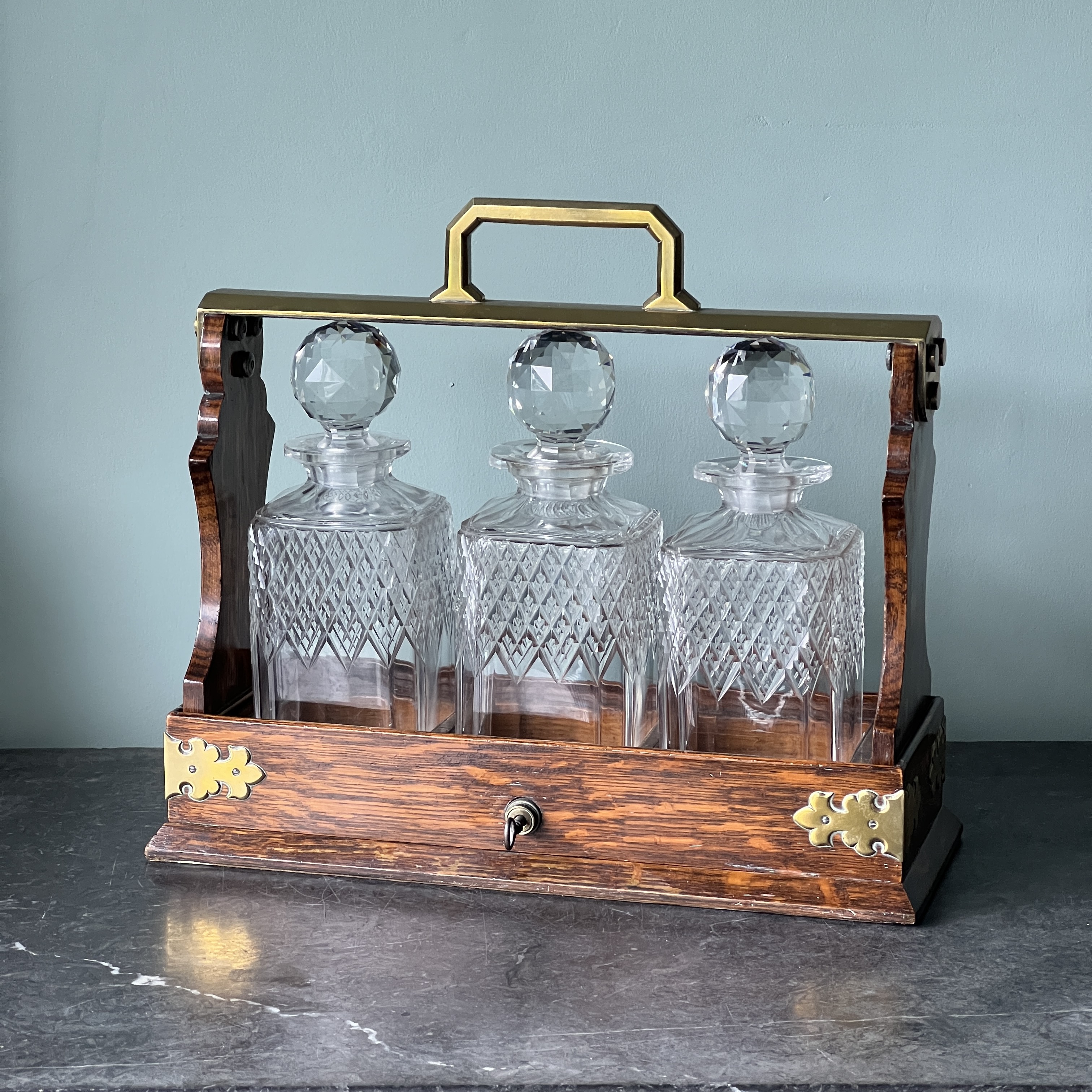 A Mappin And Webb Victorian Oak And Brass Tantalus 1880