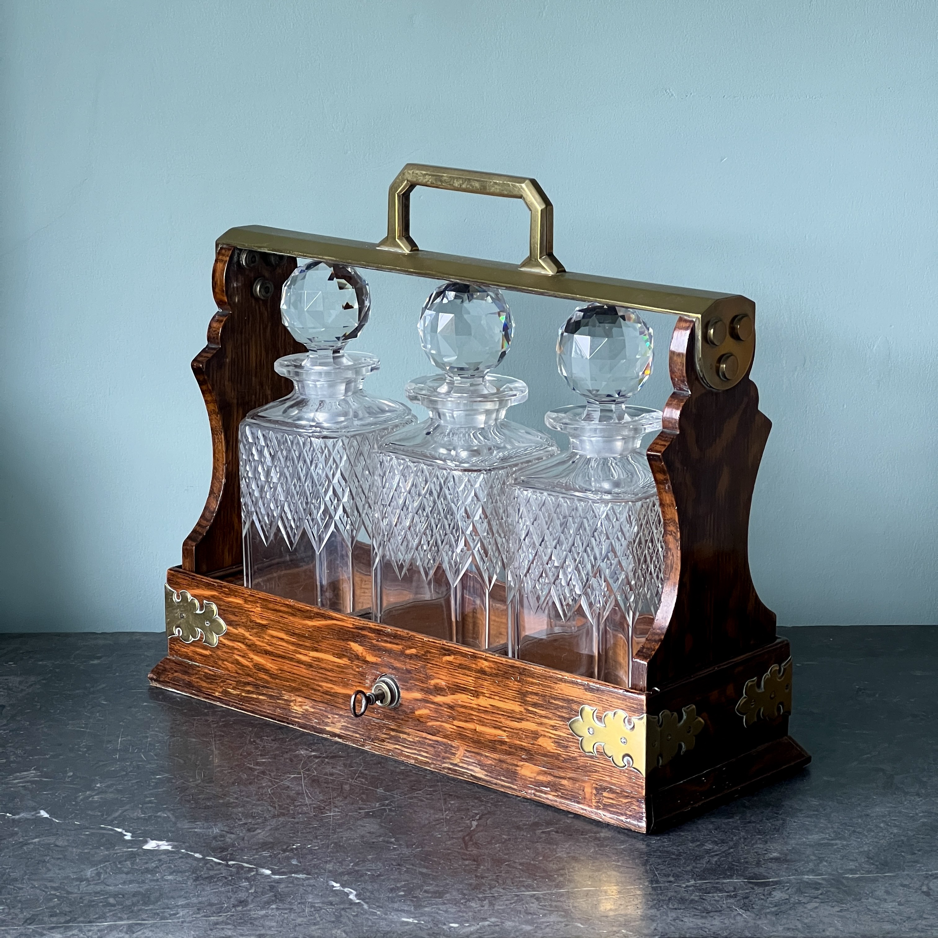 A Mappin And Webb Victorian Oak And Brass Tantalus 1880 - Image 2