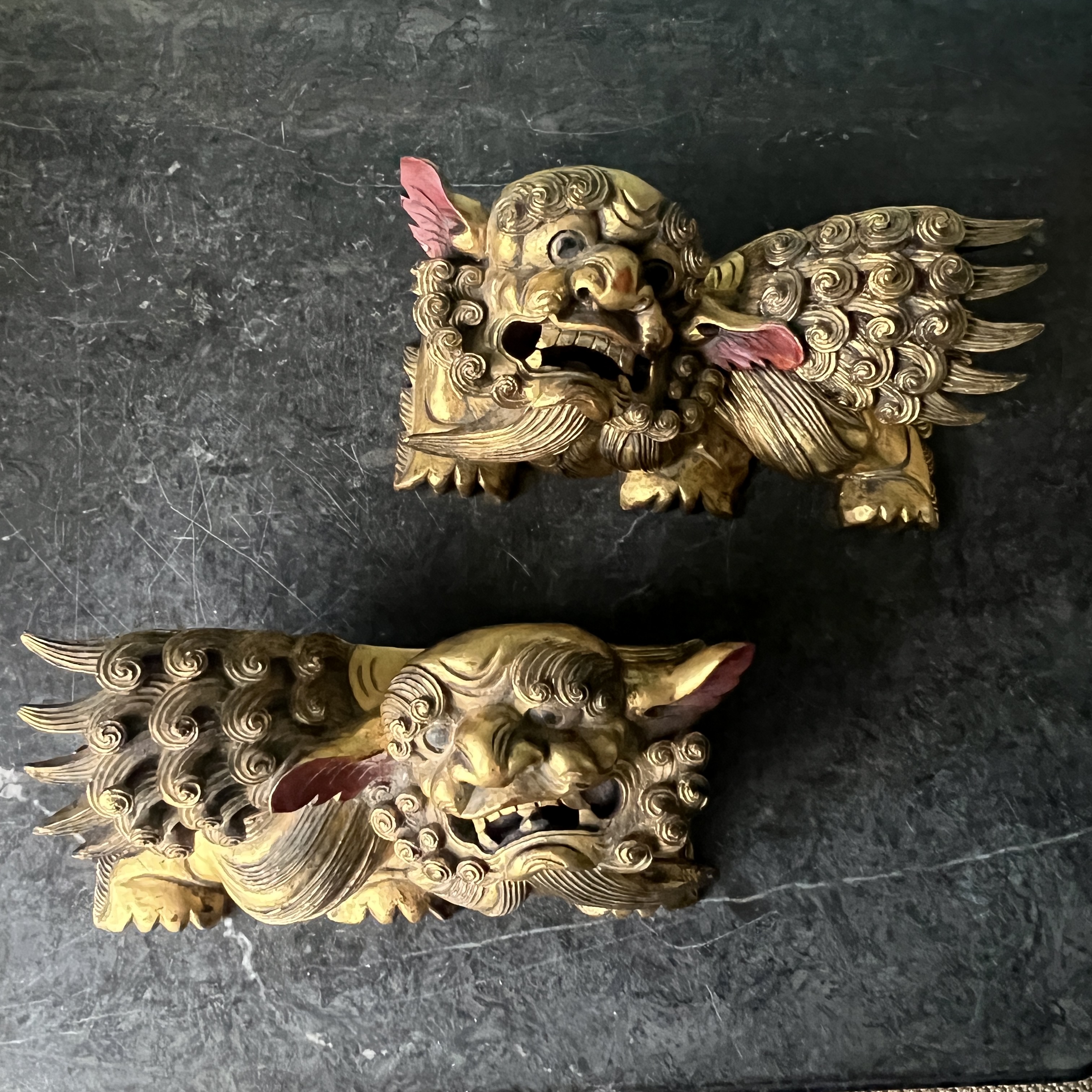 A Pair Of Chinese Carved Giltwood Foo Dog Lion Mounts