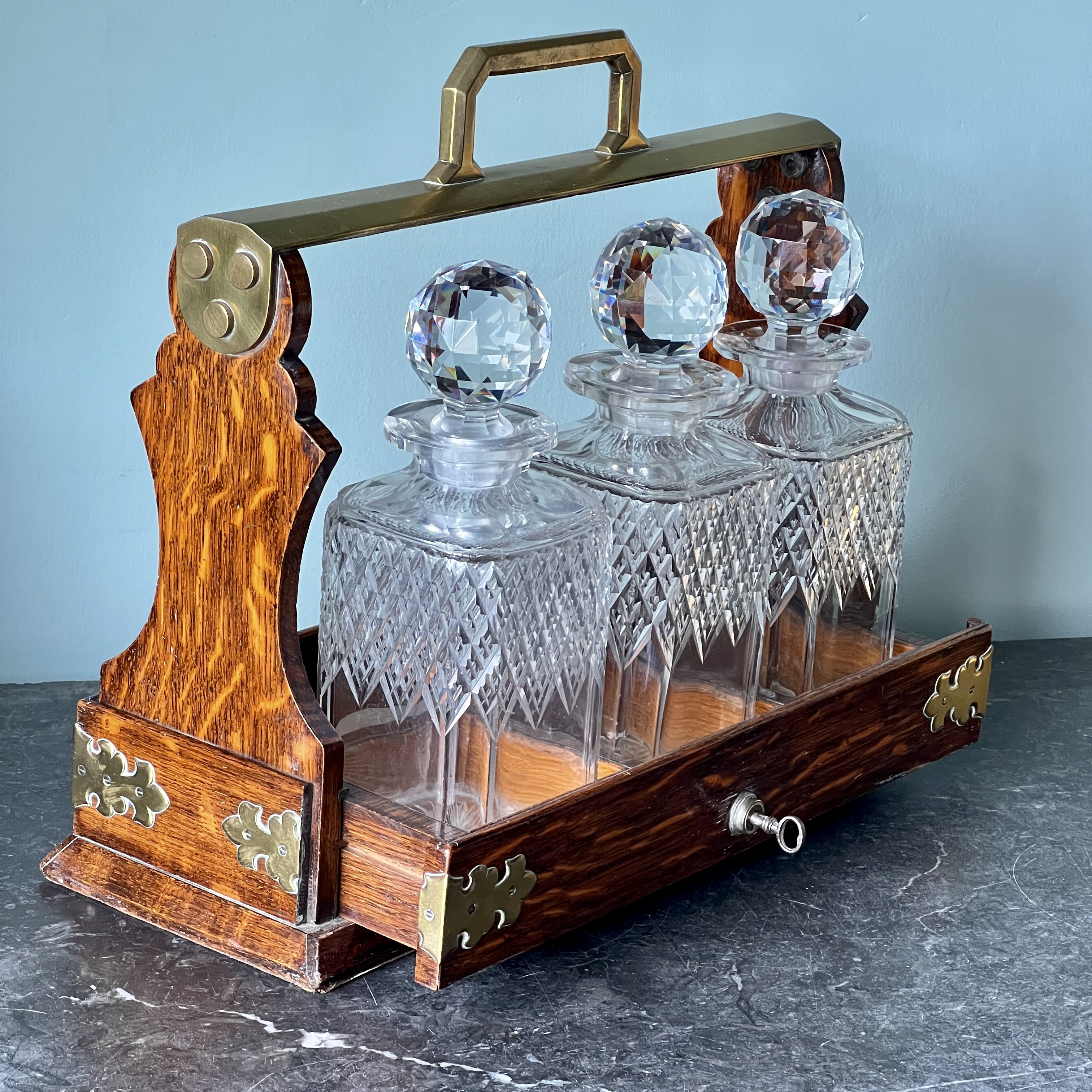 A Mappin And Webb Victorian Oak And Brass Tantalus 1880 - Image 4