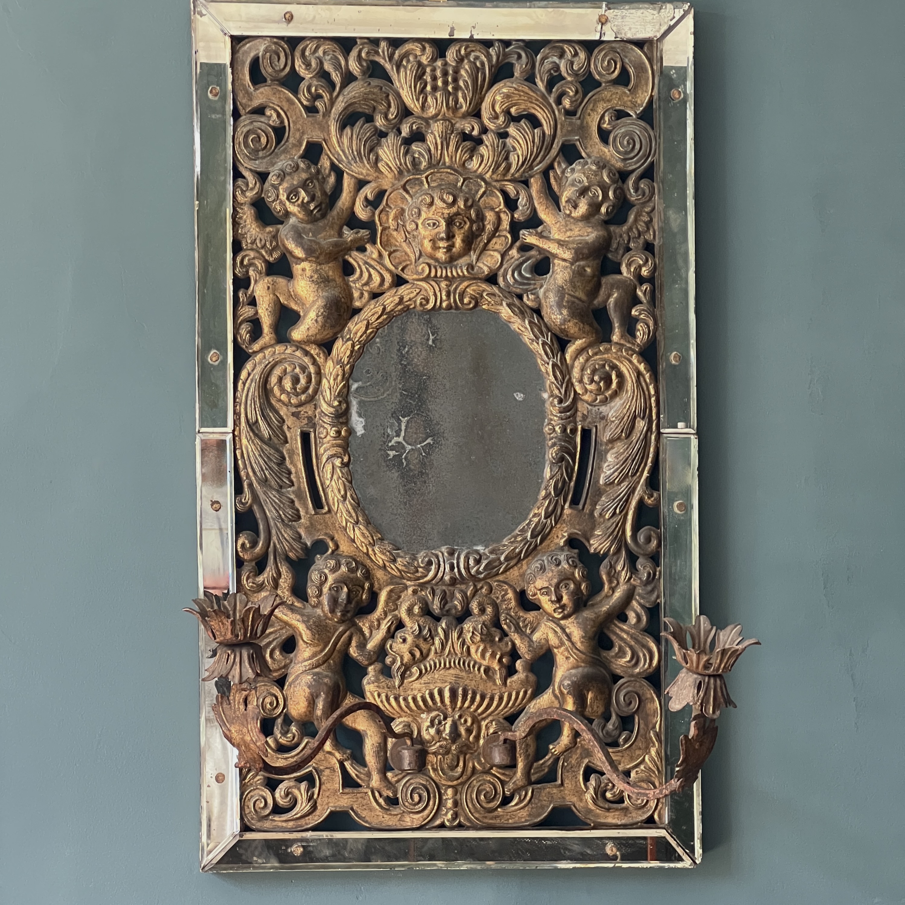 Rare Antique Venetian Girandole Mirror With Putti & Laurel Leaf Frame - Image 2
