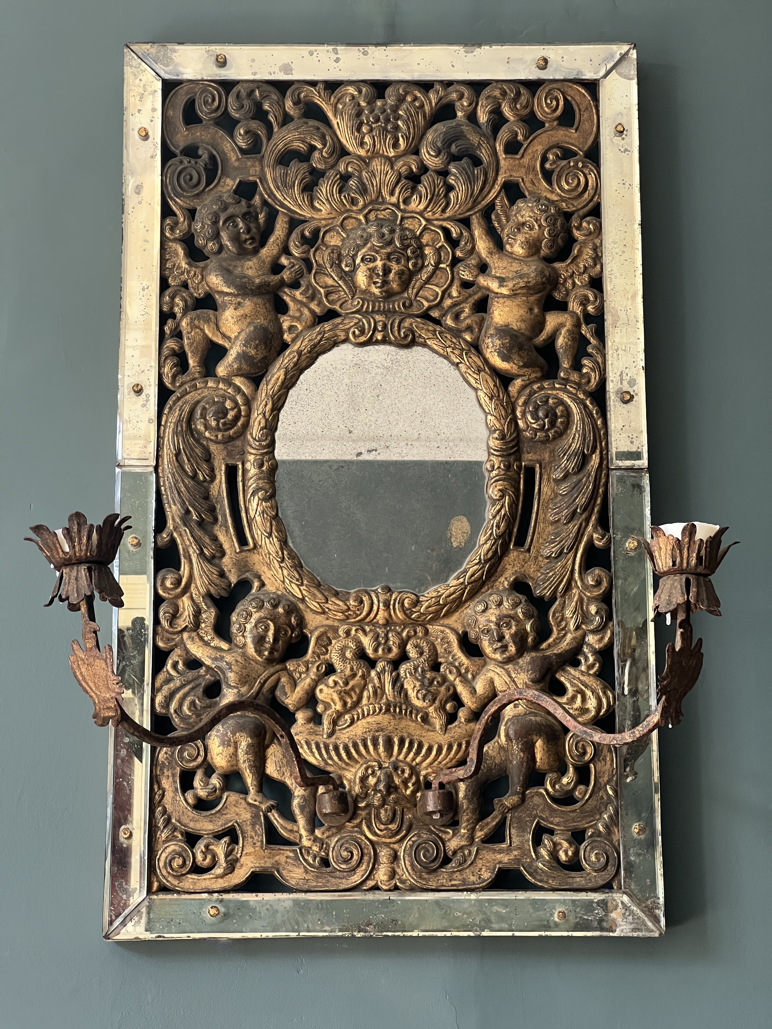 Rare Antique Venetian Girandole Mirror With Putti & Laurel Leaf Frame - Image 3