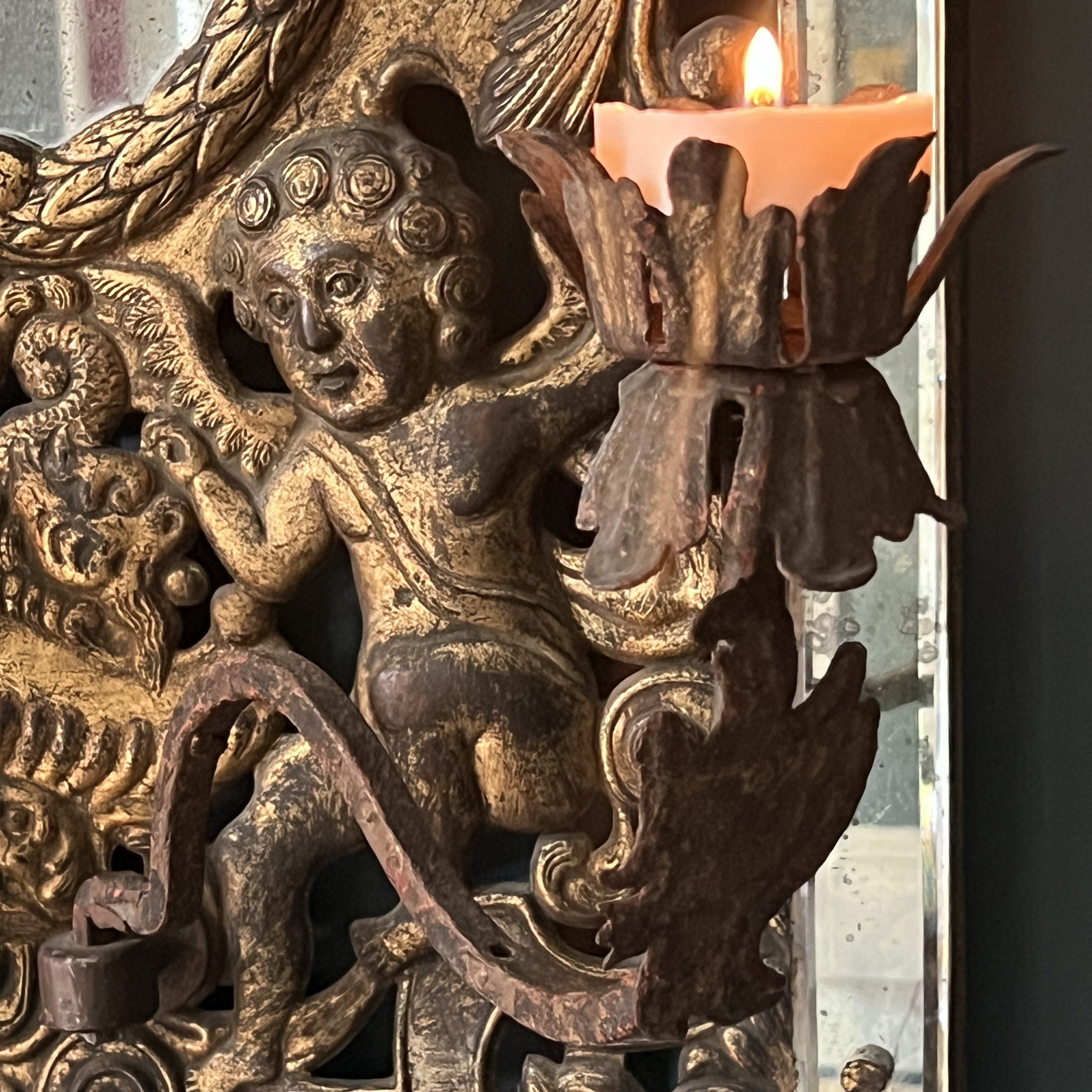 Rare Antique Venetian Girandole Mirror With Putti & Laurel Leaf Frame - Image 8