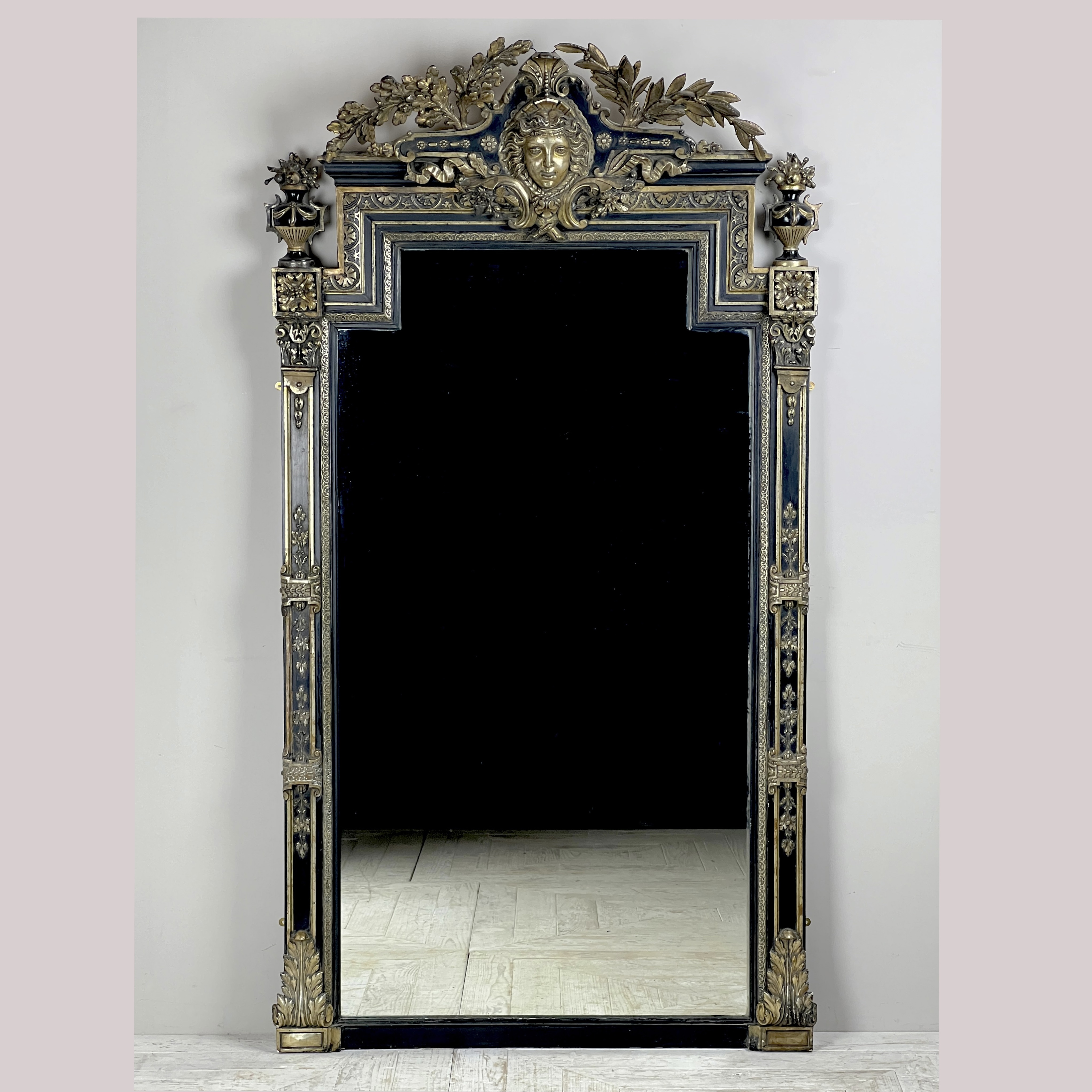 Large Antique French Ebonised & Silver Gilt Floor Or Overmantel Mirror