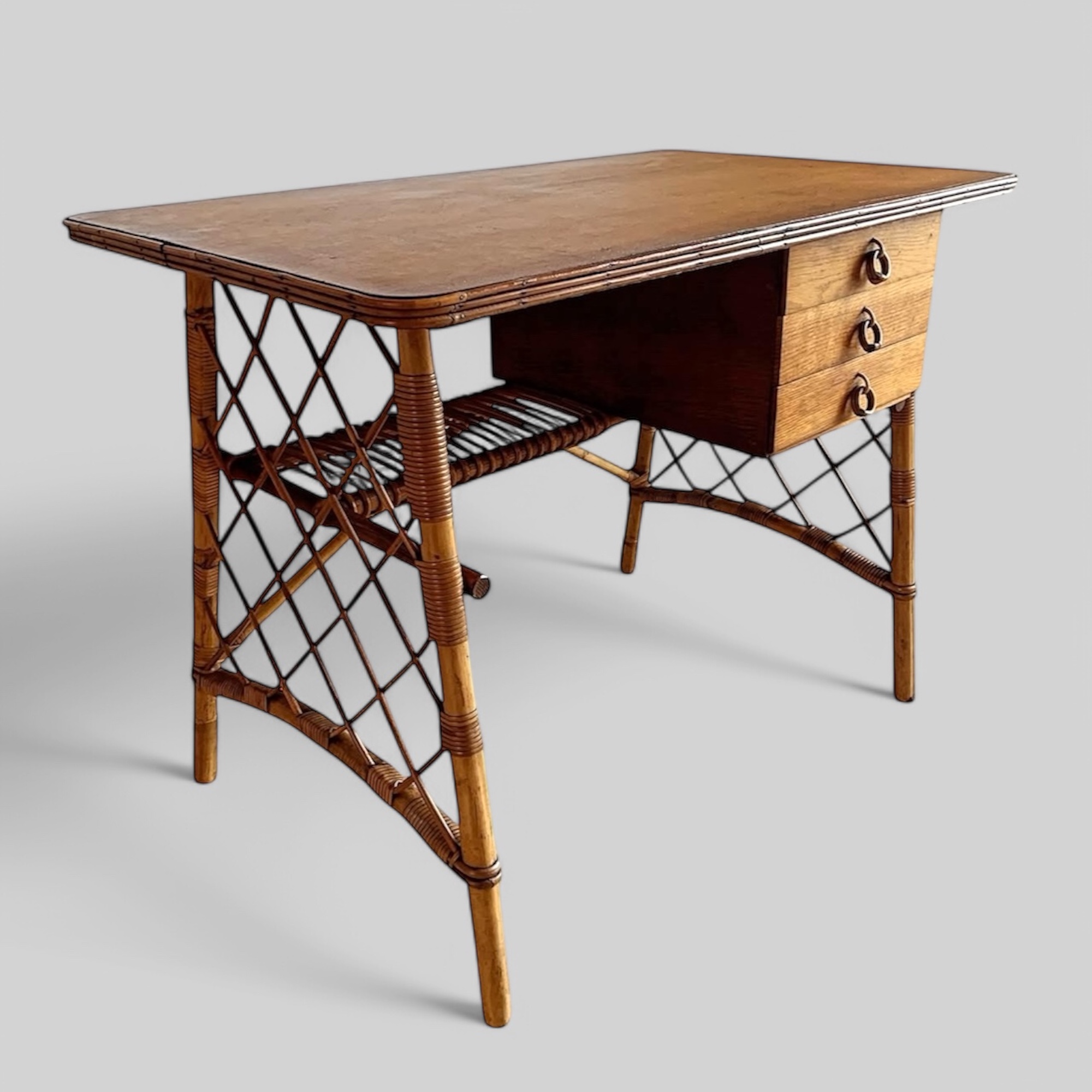 Louis Sognot French Midcentury Bamboo And Oak Topped Desk Or Dressing Table