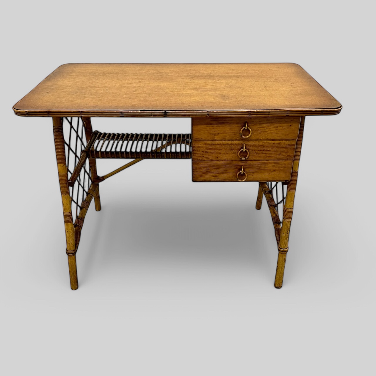 Louis Sognot French Midcentury Bamboo And Oak Topped Desk Or Dressing Table - Image 3