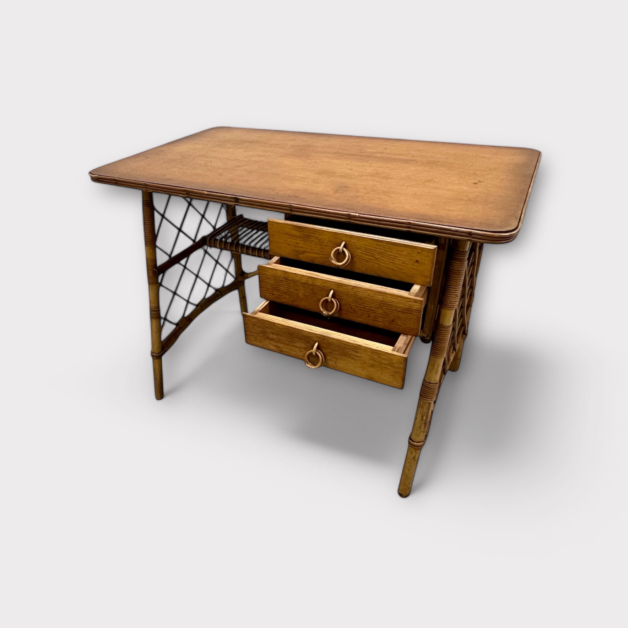 Louis Sognot French Midcentury Bamboo And Oak Topped Desk Or Dressing Table - Image 5